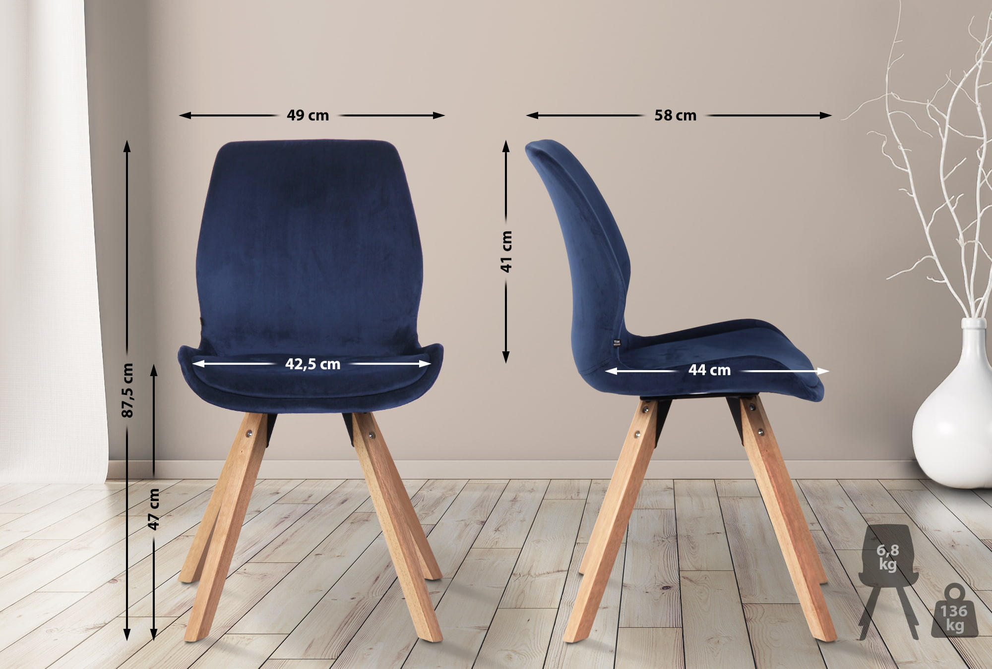 STUHL Samt blau - Blau/Eukalyptusholzfarben, Holz/Textil (49/87.5/58cm) - CLP