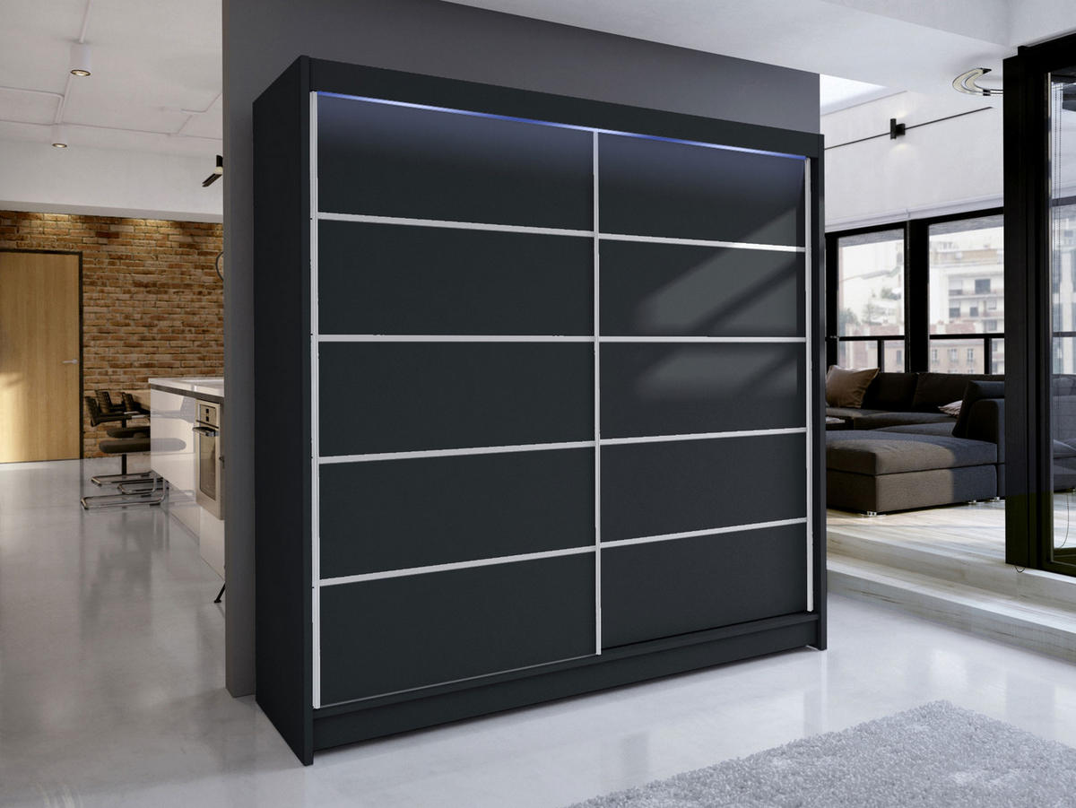 SCHWEBETÜRENSCHRANK Talin IV, mit RGB LED Beleuchtung - Silberfarben/Schwarz, Holzwerkstoff/Metall (180/215/58cm) - MIRJAN24