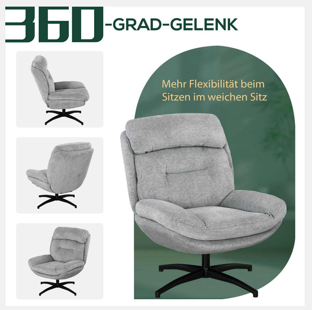 OTOČNÉ křeslo 91/79/98 cm šedé z polyesteru s 360° otáčením a područkami - šedá, textil (91/98/79cm) - OKWISH