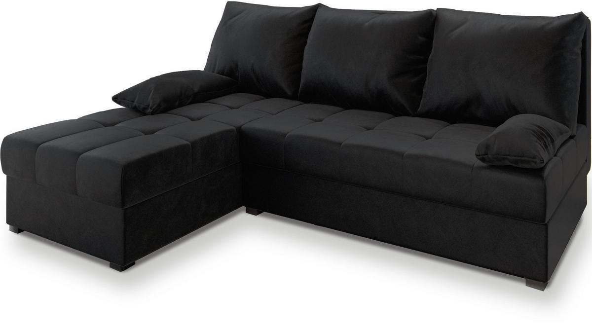 ECKSOFA RITA Schwarz Plüsch-Stoff mit Schlaffunktion - Schwarz, Holz (200/141cm) - MASSENO
