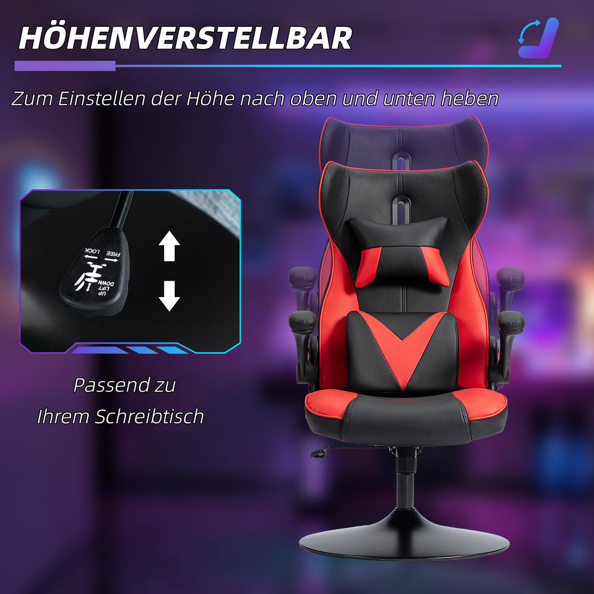 GAMING-STUHL mit Wippenfunktion, bis 120 kg belastbar, Schwarz+Rot - Rot, Kunststoff (67/112/71cm) - Vinsetto