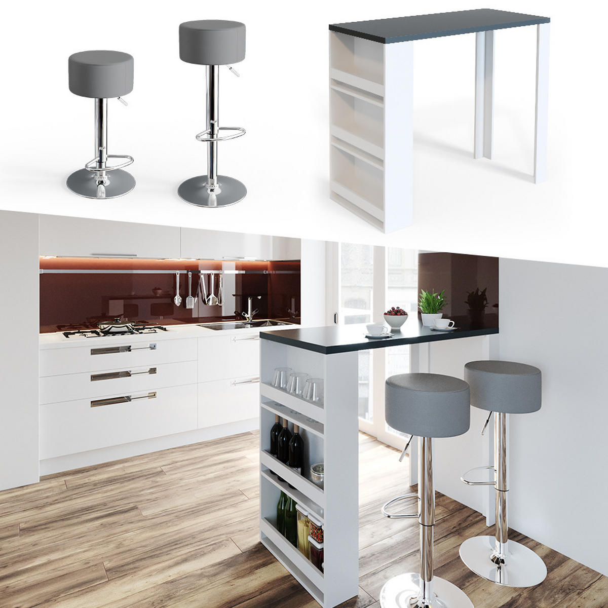 BARTISCH-SET Weiß/Grau 57 x 117 cm mit 2 Barhockern - Weiß/Grau, Holzwerkstoff (57/106/117cm) - Vicco