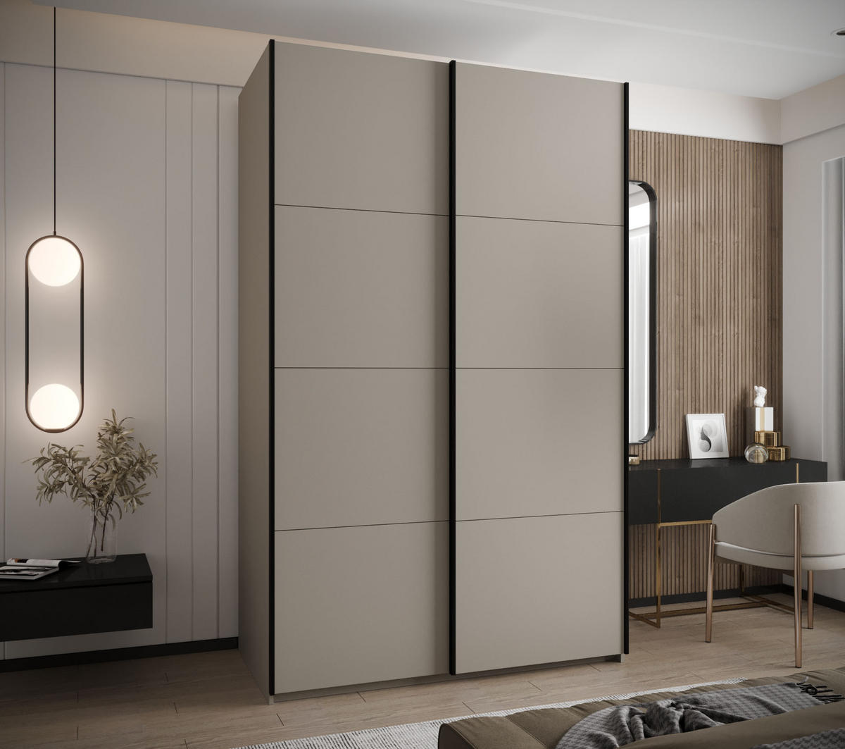 SCHWEBETÜRENSCHRANK 245,5/160/64 2-türig - Kaschmir/Schwarz, Holz/Metall (160/245/64cm) - Abiks Möbel