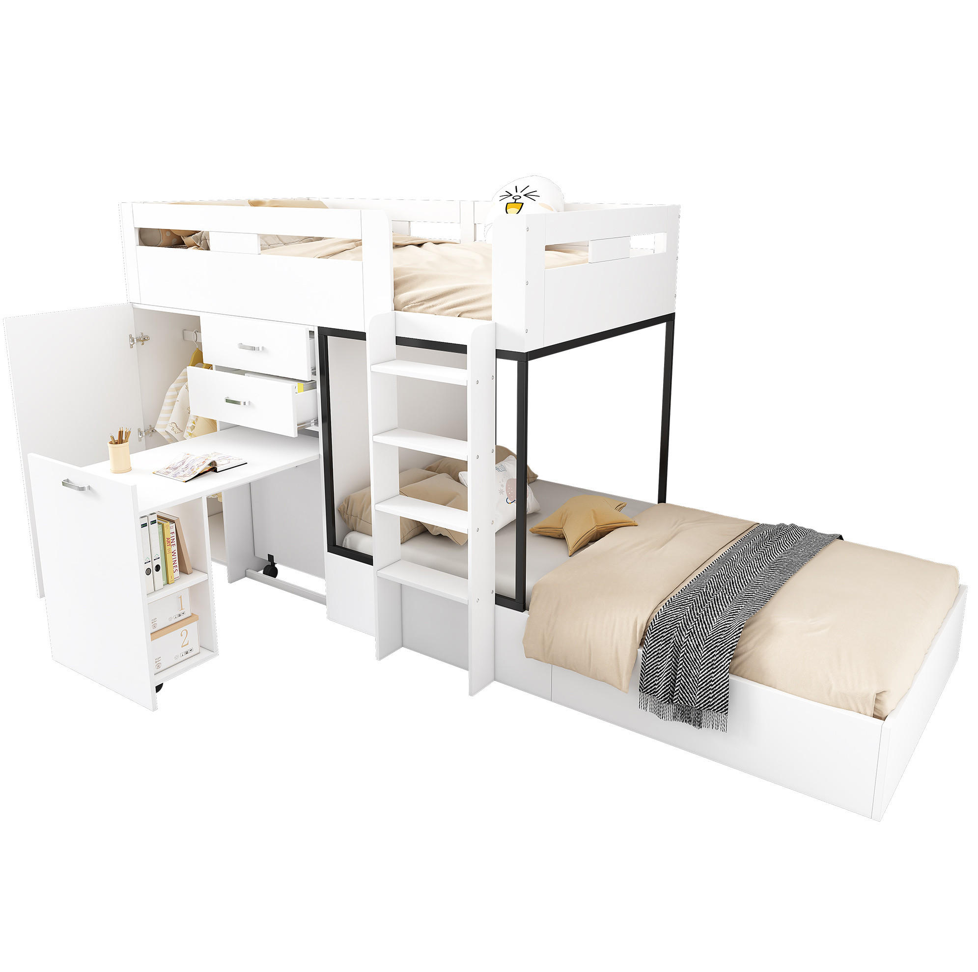 ETAGENBETT 90/200 cm in Weiß/Schwarz mit ausziehbarem Schreibtisch und Kleiderschrank - Weiß, Holzwerkstoff (90/200cm) - Flora Grace