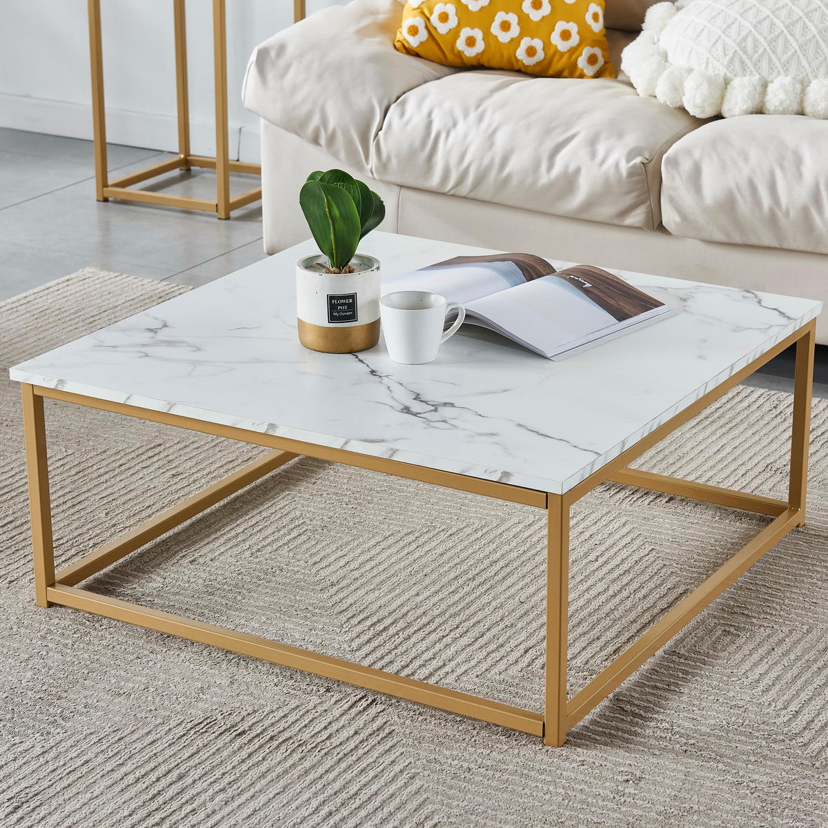 COUCHTISCH Marmor-Optik Metallgestell Weiß Gold - Hellgelb/Weiß, Metall (80/80/34cm) - Meubles Cosy