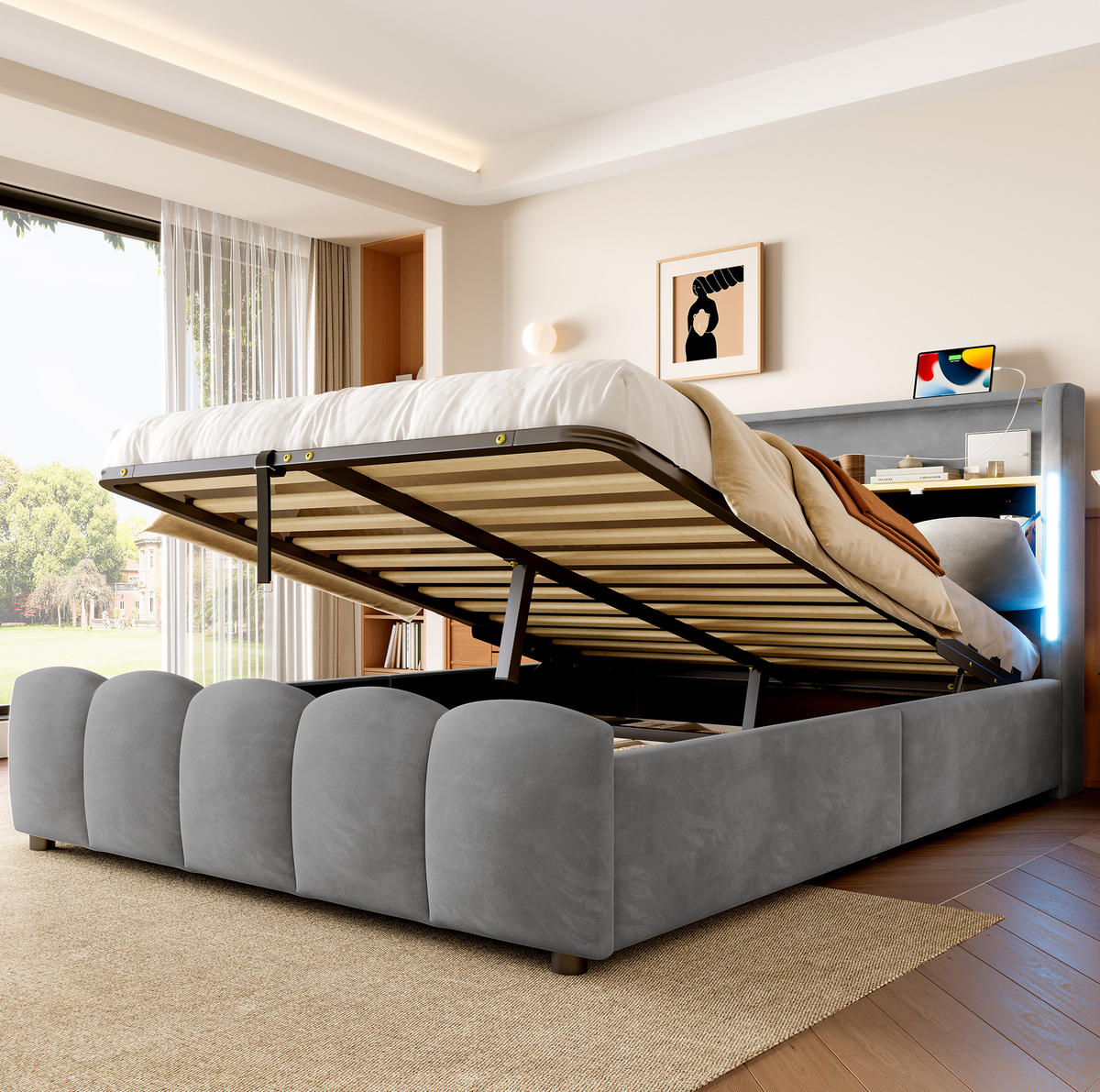 POLSTERBETT 140/200 cm Grau aus Samt mit LED-Beleuchtung - Grau, Textil (140/200cm) - OKMYHOME