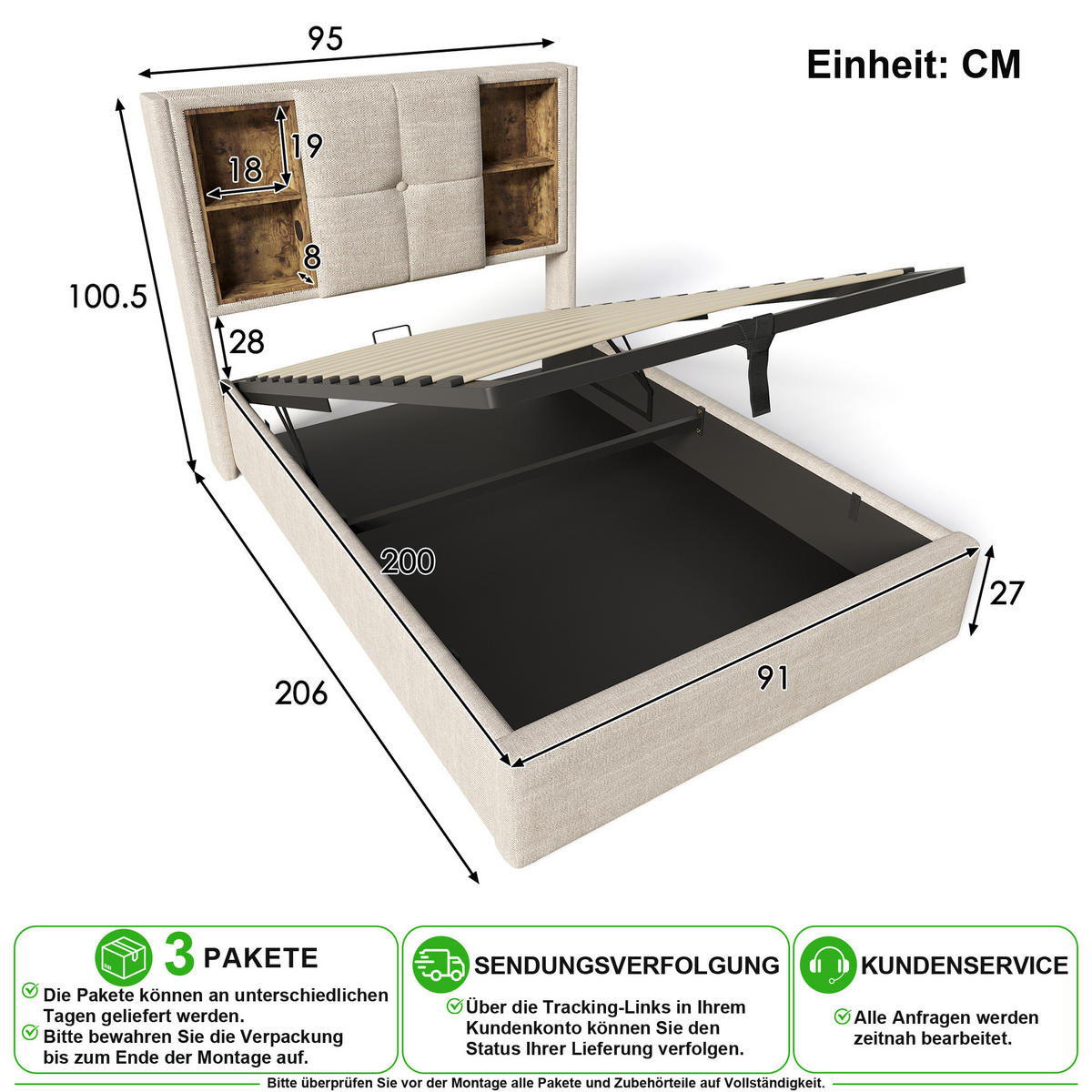 POLSTERBETT 90/200 cm in Natur Leinen mit Bettkasten, USB, Kabellosem Laden und Matratze - Naturfarben, Holzwerkstoff/Textil (90/200cm) - CHICFURN