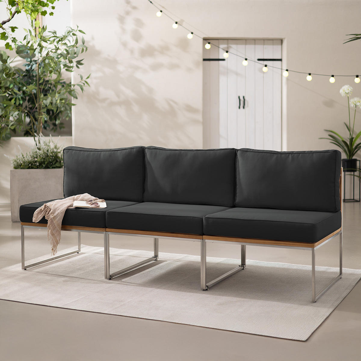 LOUNGESOFA - 3-teilig - Webstoff / Teak massiv - Anthrazit, Holz/Textil (210/74/70cm) - home24