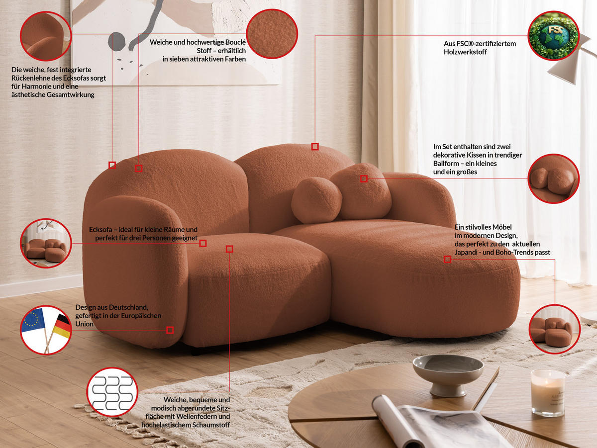 ECKSOFA Nuvola mit abgerundetem Design Terrakotta Bouclé-Stoff - Ottomane Rechts - Terra cotta/Schwarz, Holz/Kunststoff (190/146cm) - S-Style Möbel