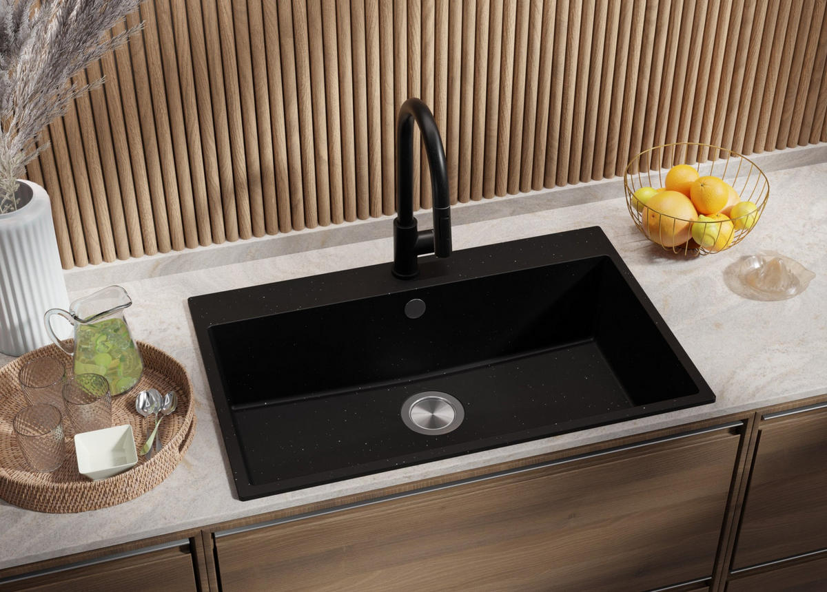 SPÜLBECKEN Riga, 2-er set Schwarz Metallic 78/50 cm 1 Becken + Ablauf-Set ab 80er Unterschrank - Chromfarben/Schwarz Hochglanz, Kunststoff (78/20/50cm) - Primagran