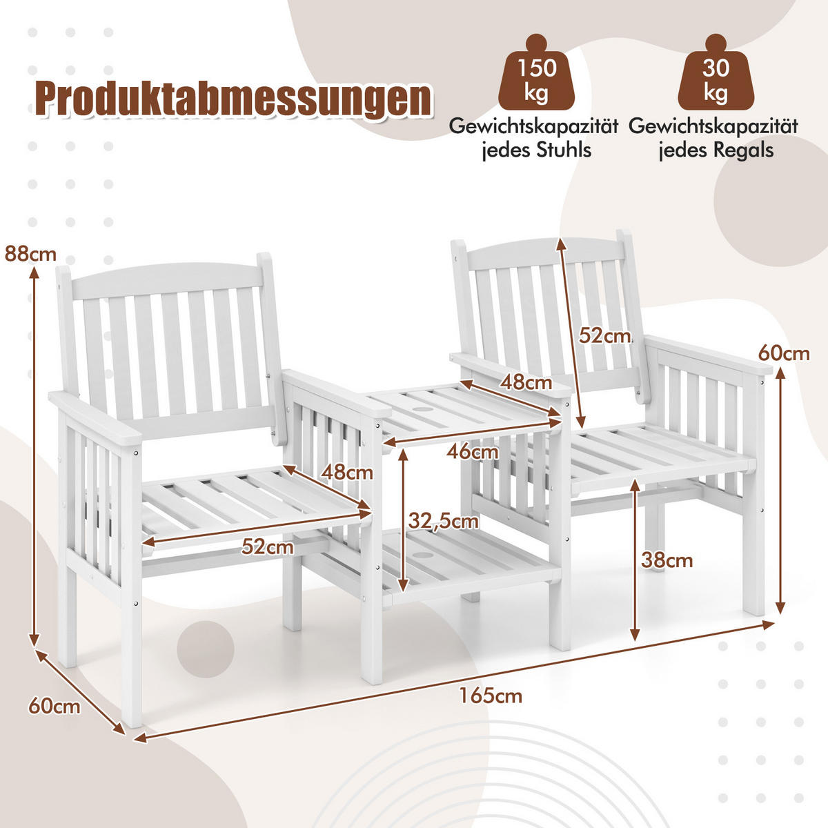 DOPPELSITZ mit Mitteltisch Weiß (3-teilig) - Weiß, Holz - COSTWAY