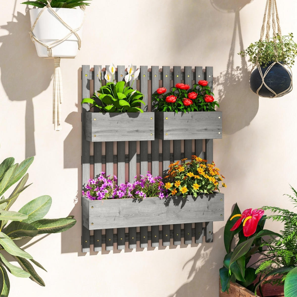 BLUMENKASTEN Set Wand Holz 60x16x80 cm - Grau, Holz (60/80/16cm) - Fortuna Lai