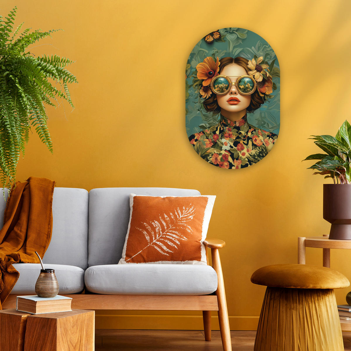 WANDBILD Frau - Blumen - Schmetterlinge - Natur - Vintage 40x60 cm - Petrol, Kunststoff (40/60cm) - MuchoWow