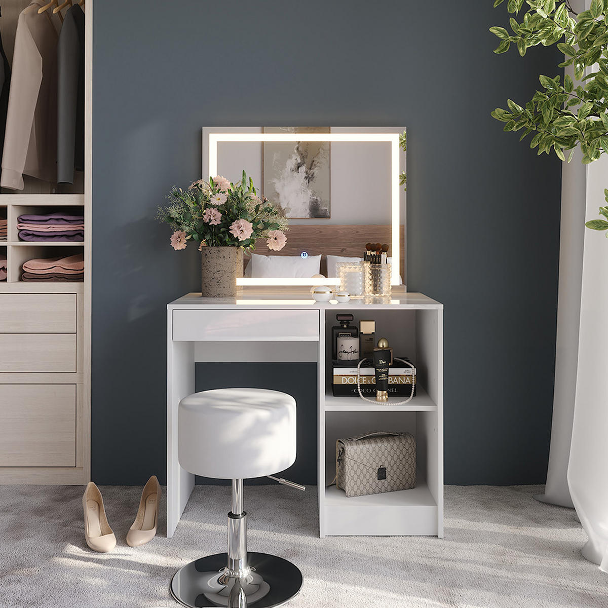 SCHMINKTISCH Sherry Weiß/Weiß Hochglanz 89.8 cm mit LED-Spiegel und Hocker - Weiß Hochglanz, Holzwerkstoff (89.8/76/50.1cm) - Vicco