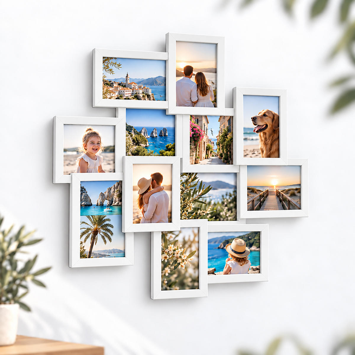 RAMĂ alb colaj pentru 12 fotografii 10x15 cm - alb, material plastic/compozit lemnos (62/64.5/3.5cm) - Relaxdays