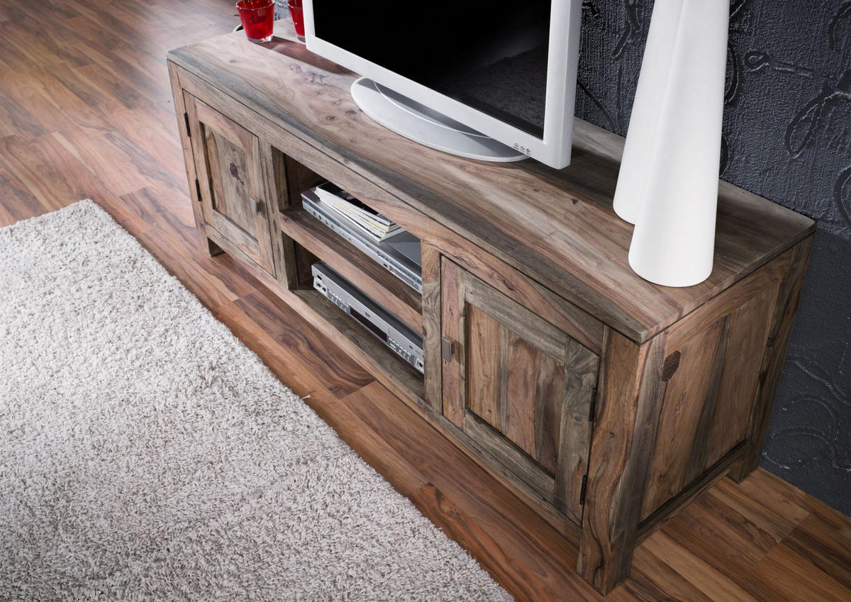 TV-BOARD Sheesham 145x45x60 grau geölt NATURE GREY #41 - Grau, Holz (145/60/45cm) - Massivmoebel24