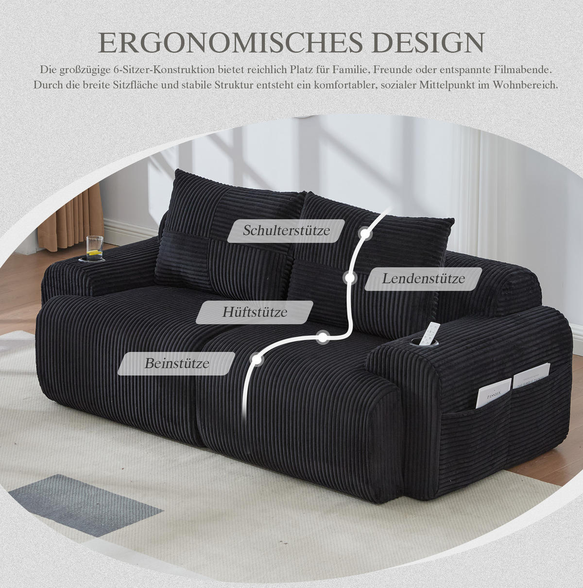 2-SITZER Cordsofa modular mit Getränkehalter und Seitentasche 200/99/80 cm Schwarz - Schwarz, Textil (99/80/200cm) - Redom