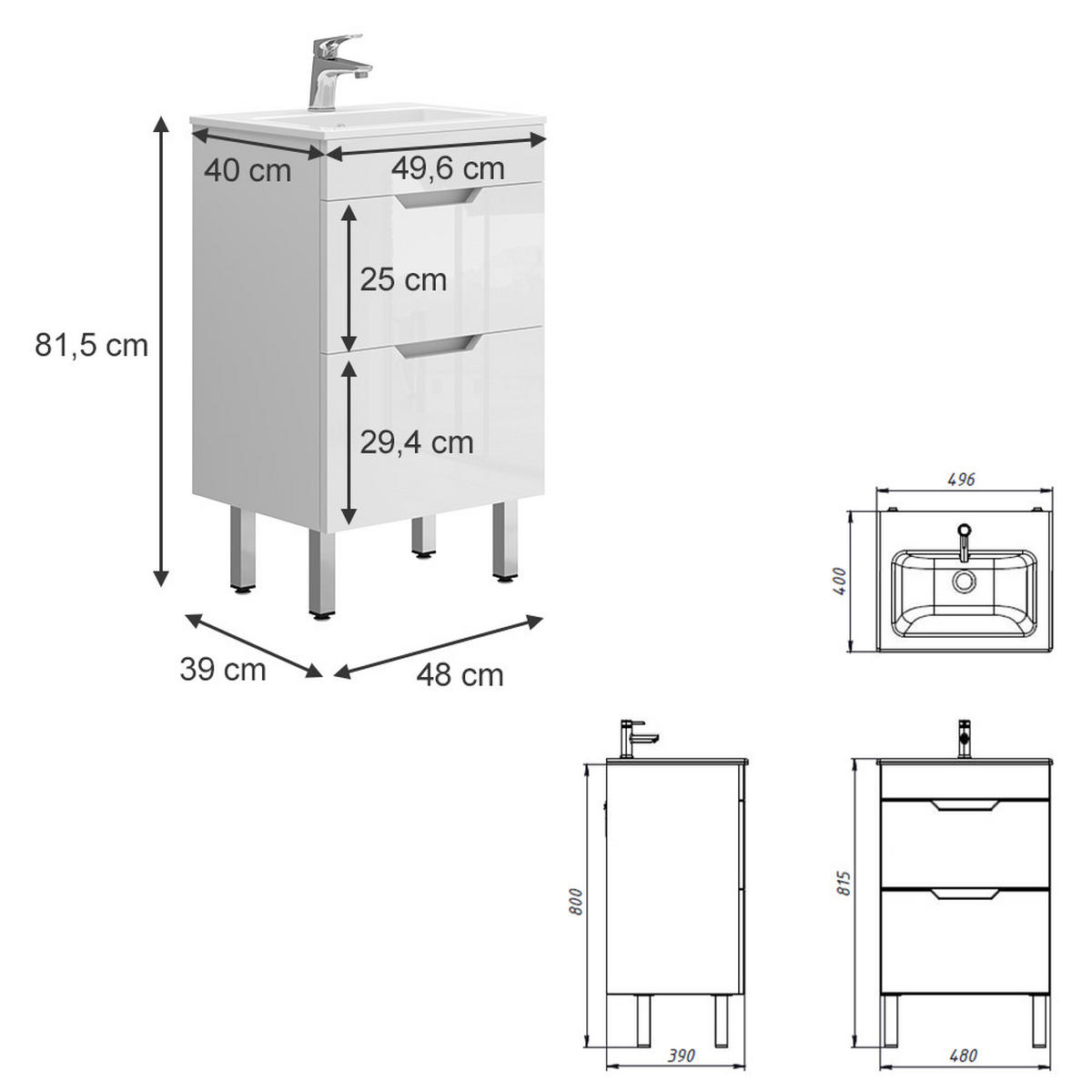 WASCHTISCHKOMBI Clayton, Weiß Hochglanz, 2 Teile, mit Waschbecken und 2 Schubladen - Weiß, Holzwerkstoff (49/81/39cm) - Vicco