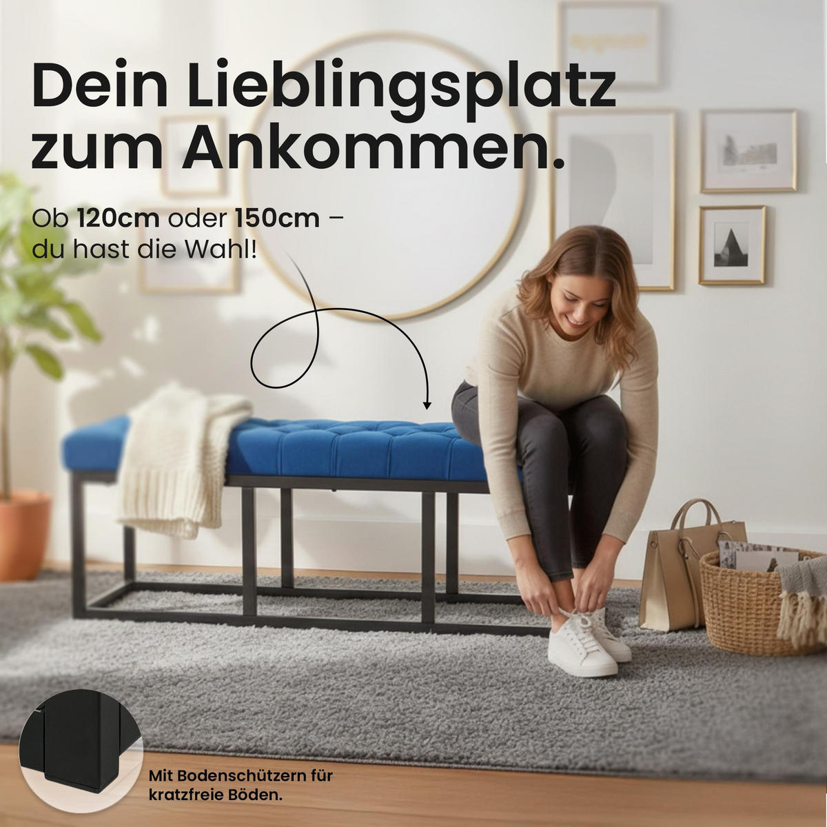 SITZBANK 150/37 cm Samt Blau - Blau/Schwarz, Textil/Metall (150/42/37cm) - CLP