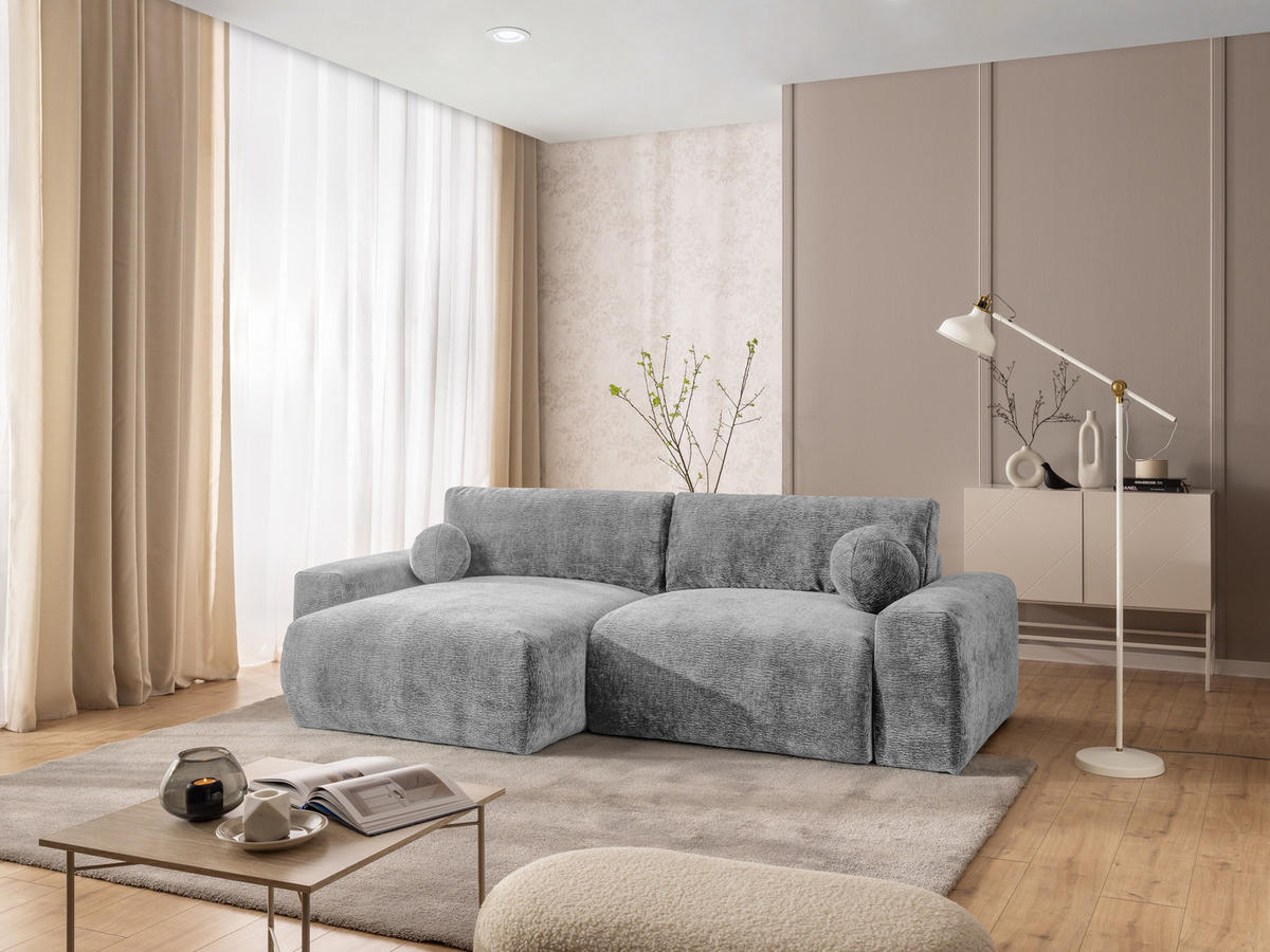 ECKSOFA Puffy mit Schlaffunktion und Bettkasten - besonders weich und puffig aus Hellgrau Stoff mit Chenillestruktur - Ottomane links - Hellgrau/Schwarz, Holz/Kunststoff (138/266cm) - S-Style Möbel