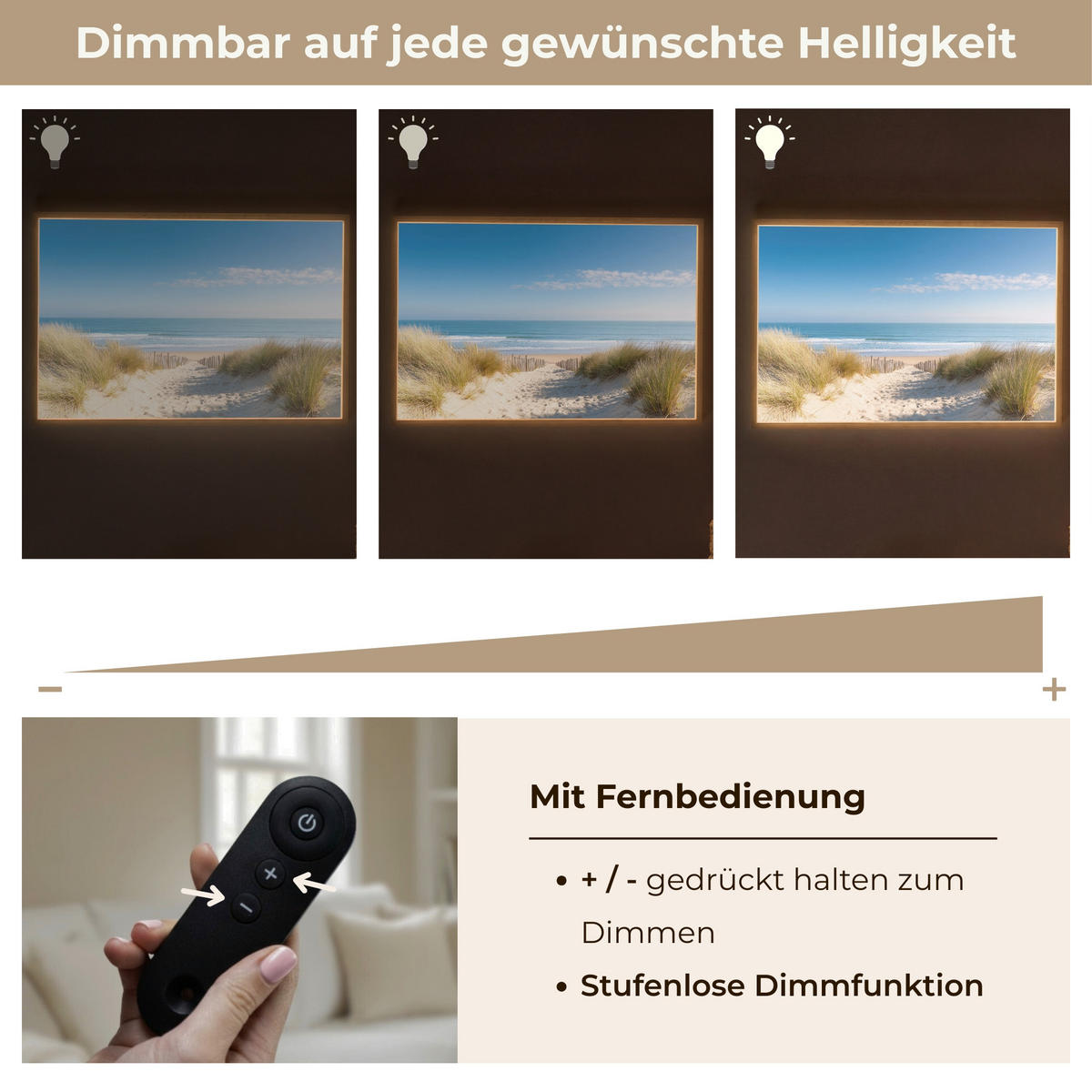 NÁSTĚNNÁ LAMPA S AKUMULÁTOREM Pláž - moře - duny - písek - léto 90x60 cm - písková barva, kompozitní dřevo (90/60/8cm) - OnlyWow