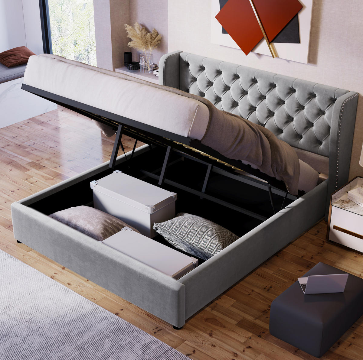 POLSTERBETT mit Bettkasten 140x200 cm Samt Grey - Grau, Metall (140/200cm) - Meubliv