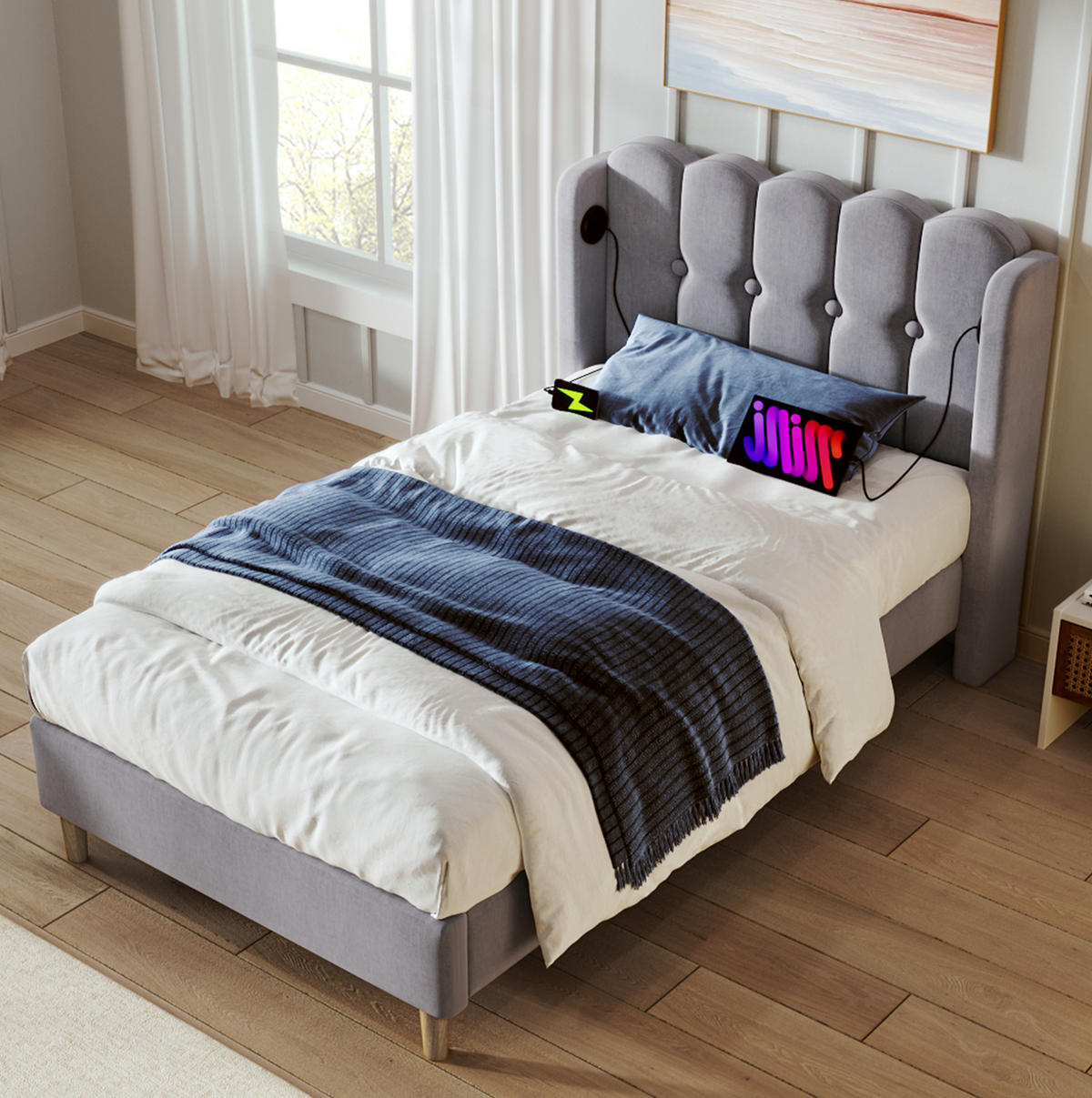 BETT mit Matratze und USB-C-Anschluss 90x200 cm Leinen Grau - Grau, Holzwerkstoff (90/200cm) - Beauniv
