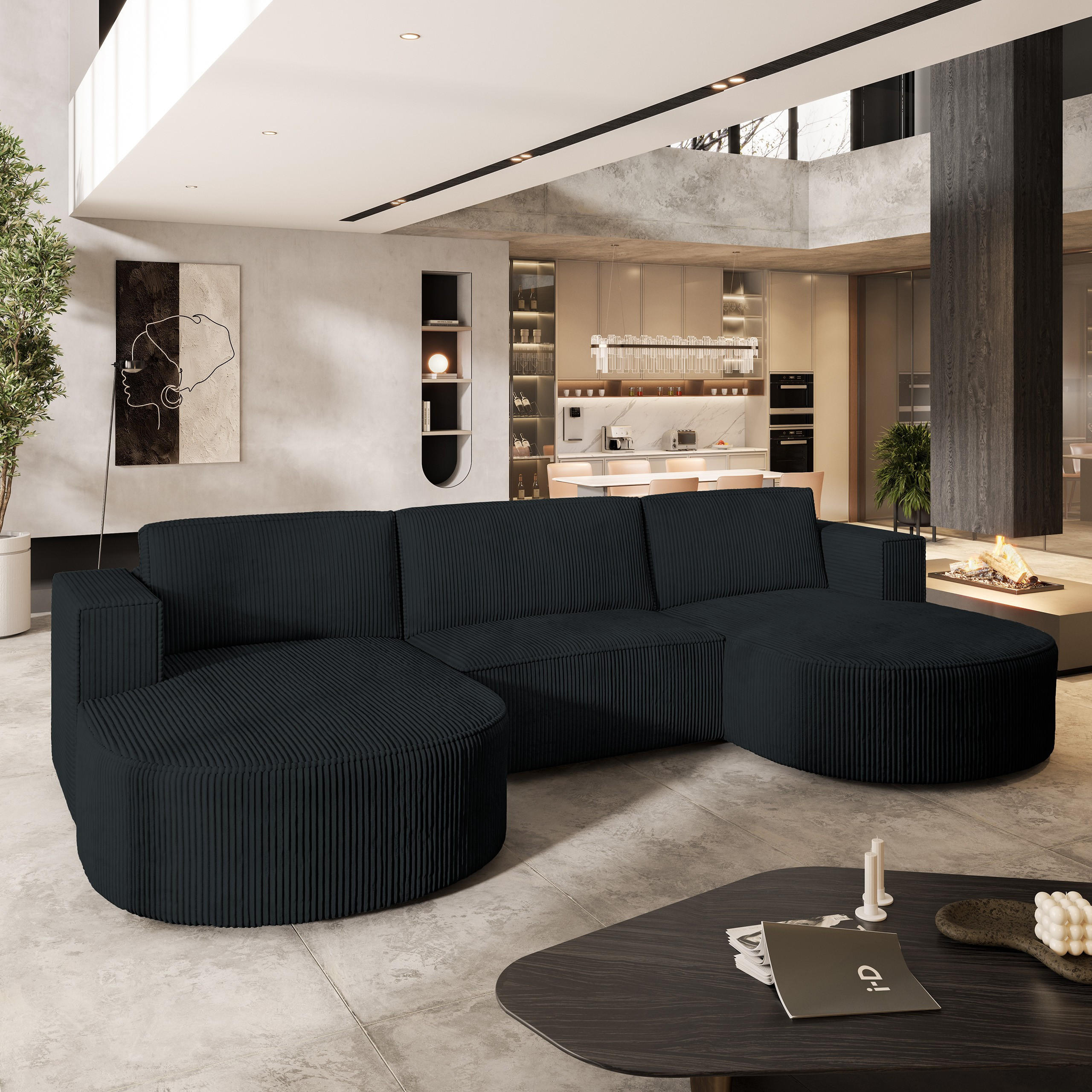 WOHNLANDSCHAFT VEZZO P Schwarz Kordstoff mit Schlaffunktion - Schwarz, Holz (347/85/174cm) - MASSENO