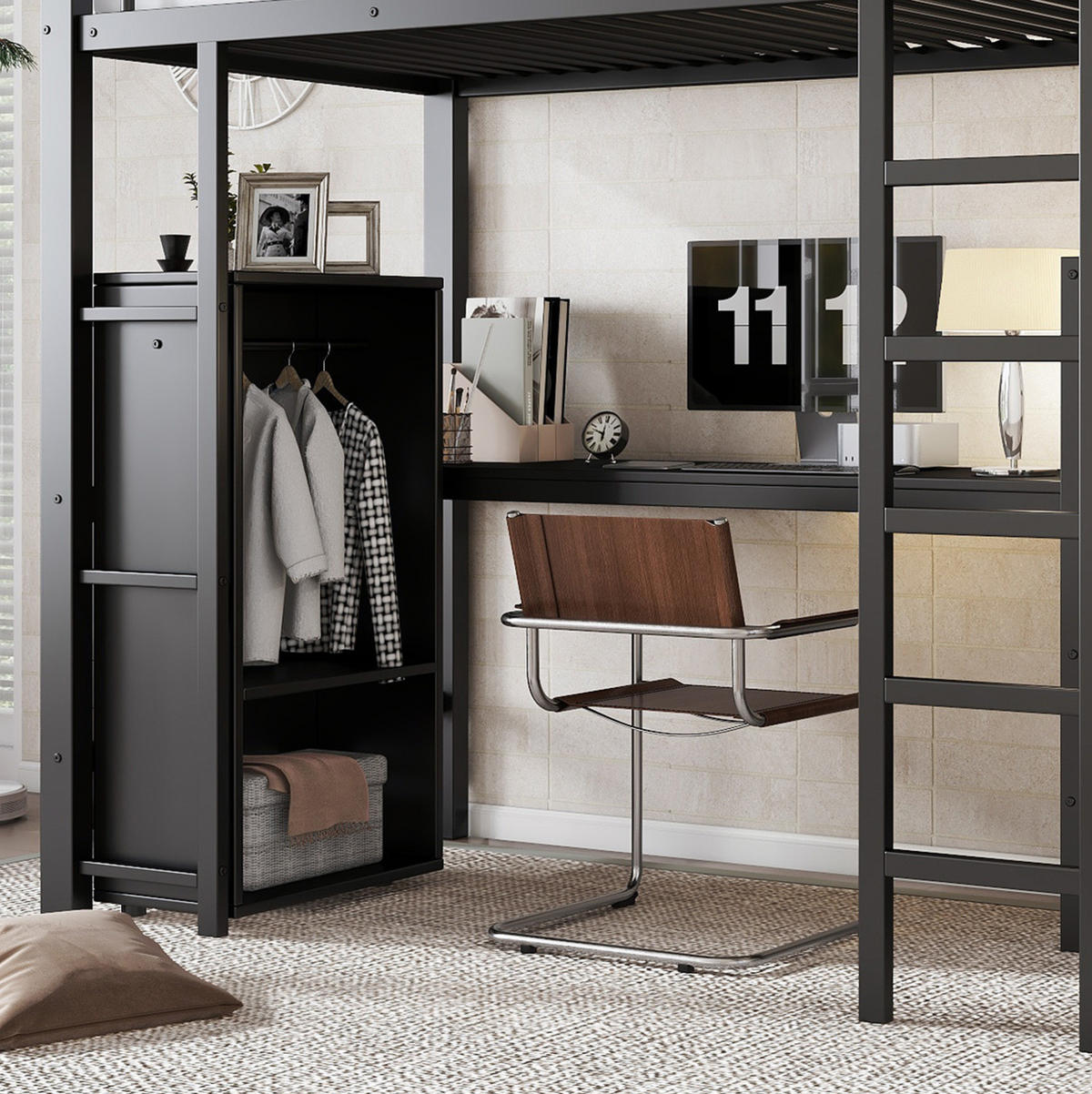 HOCHBETT 90/200 cm aus Metall mit Schreibtisch und Kleiderschrank in Schwarz - Schwarz, Metall (90/200cm) - Flora Grace