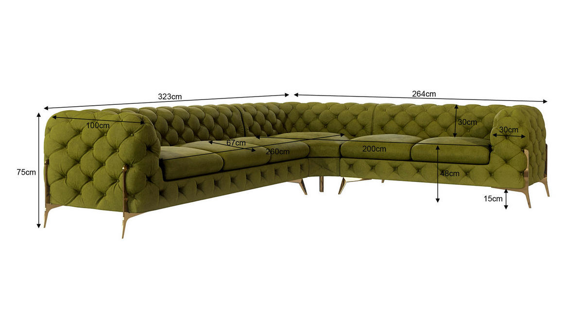 ECKSOFA Chesterfield Lexi Olive Samt, langer Schenkel links - Goldfarben/Olivgrün, Holz/Textil (323/264cm) - S-Style Möbel