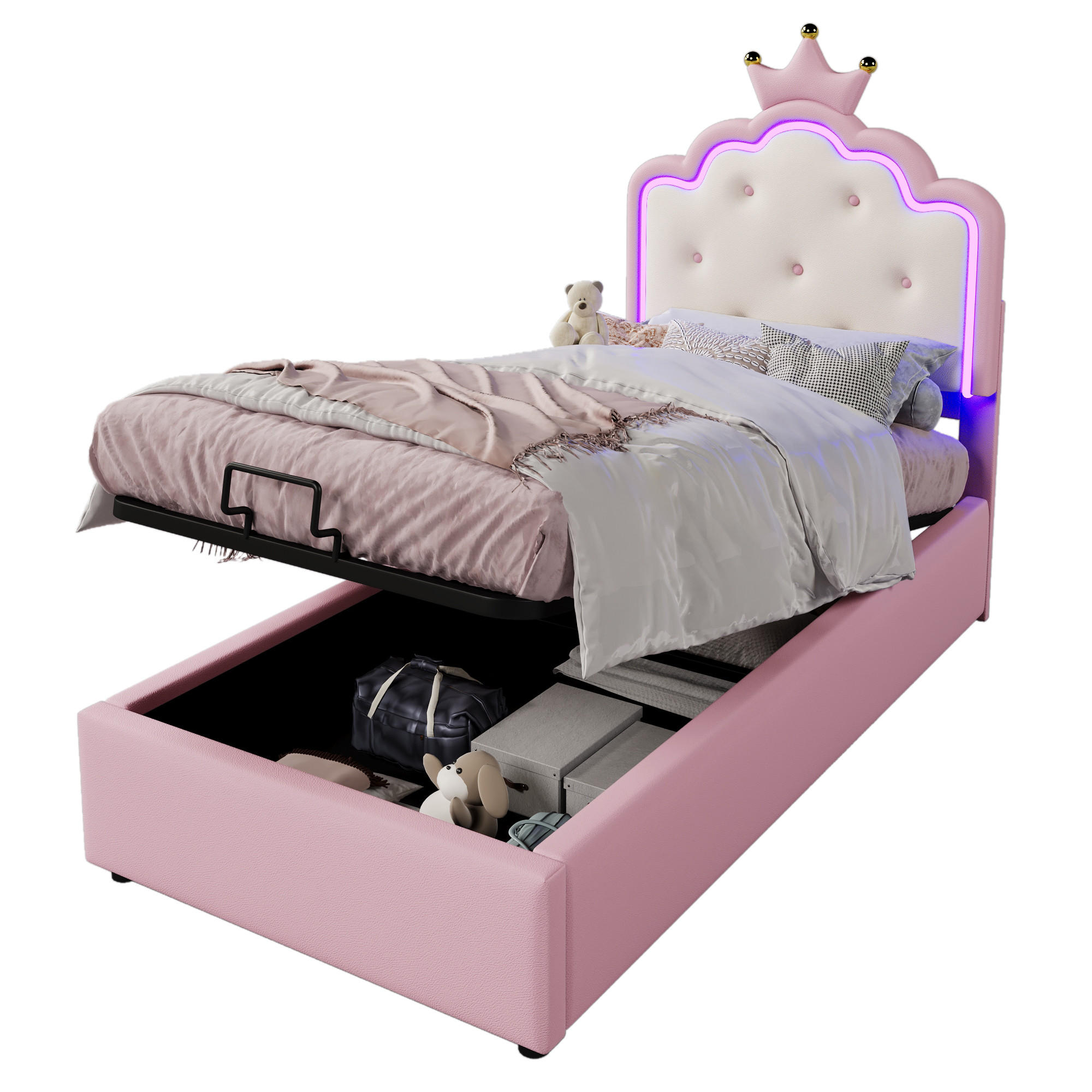 POLSTERBETT 90x200cm Rosa PU Kronprinzessinnenform Hydraulik LED-Licht - Pink, Holz (90/200cm) - FLIEKS