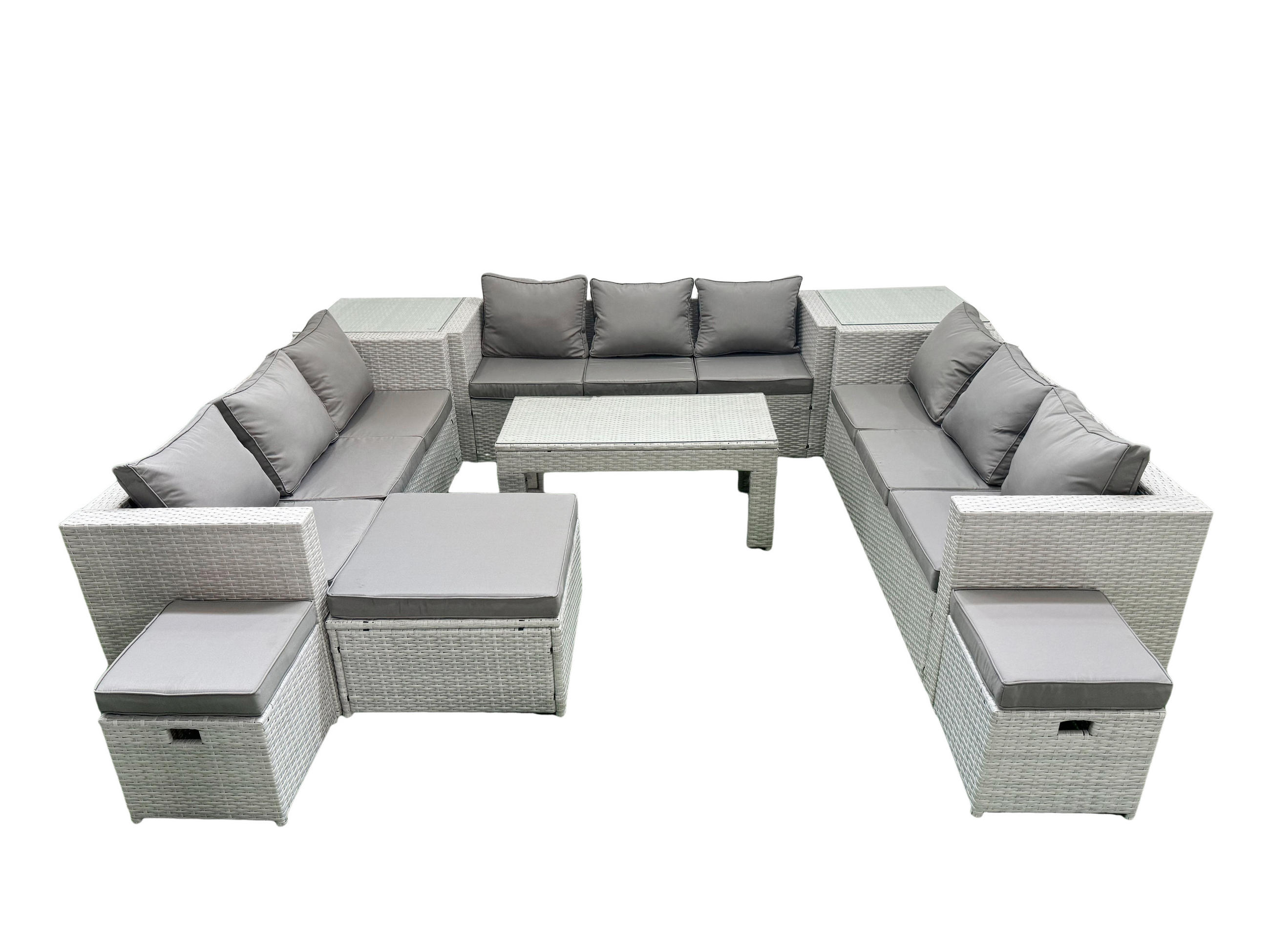 BALKONMÖBEL-SET Polyrattan Hellgrau-Mix 12-teilig - Hellgrau/Grau, Glas/Kunststoff - Fimous