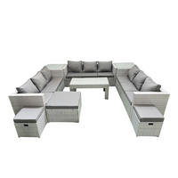 BALKONMÖBEL-SET Polyrattan Hellgrau-Mix 12-teilig - Hellgrau/Grau, Glas/Kunststoff - Fimous