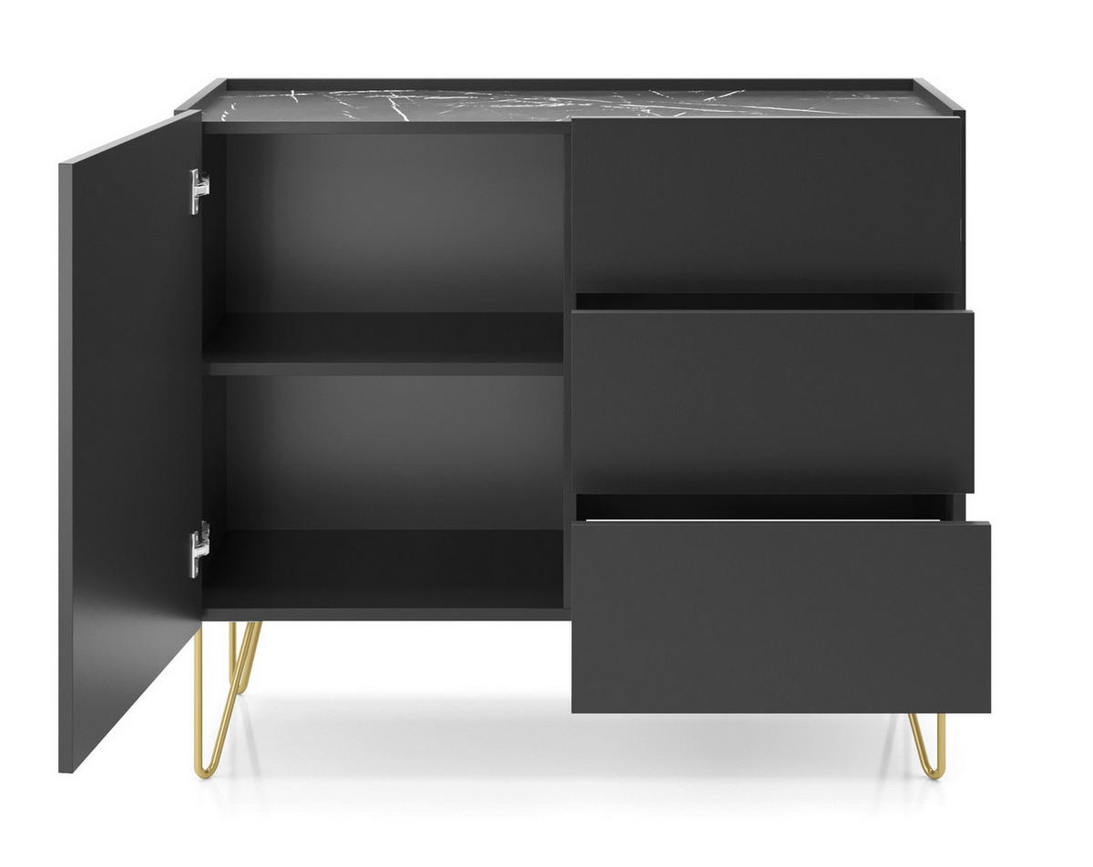 KOMMODE 97 Olven mit 3 Schubladen, goldene Beine, Schwarz - Goldfarben/Schwarz, Holz/Metall (97/83/37cm) - Emporius