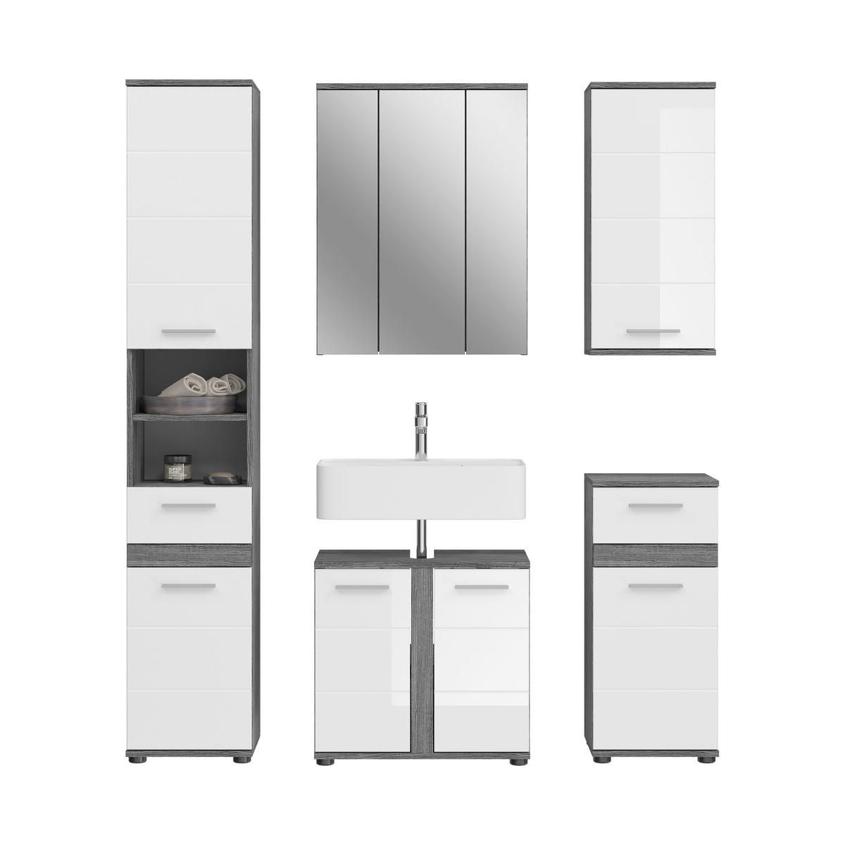 BADKOMBINATION 5tlg. Blake Bad in Rauchsilber Nachbildung und weiß hochglanz B/H/T: 164x191x34 cm - Anthrazit, Holz (164/191/34cm)