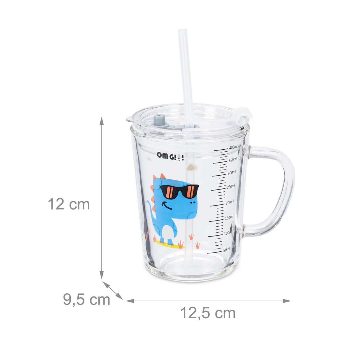 GLAS Transparent Blå 2-pack dinosauriemotiv 400 ml - Transparent, Glas/Plast (0.4L) - Relaxdays
