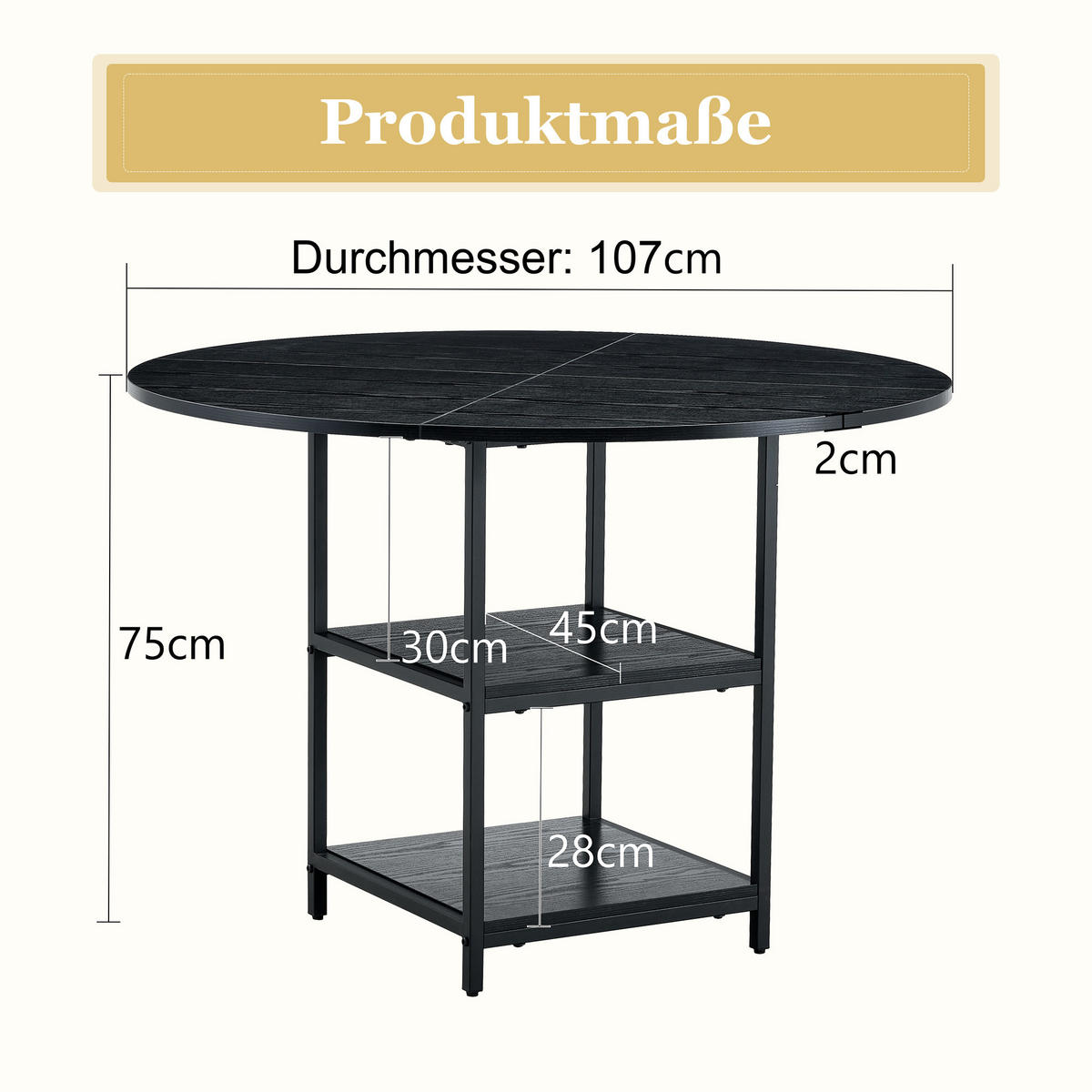 ESSTISCH 107/107/75 cm schwarz aus MDF und Metall mit 2 offenen Ablagen - Schwarz, Holzwerkstoff (107/107/75cm) - OKWISH