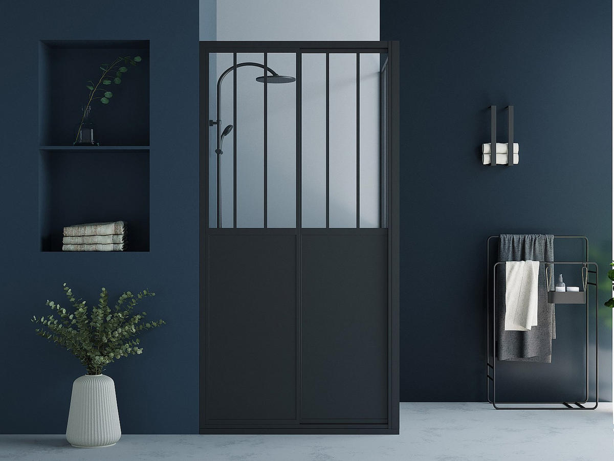 DUSCHTRENNWAND mit Schiebetür - Industrial Style - 100 x 80 x 195 cm - Schwarz matt - URBANIK - Schwarz, Metall (100/195cm) - Vente-Unique