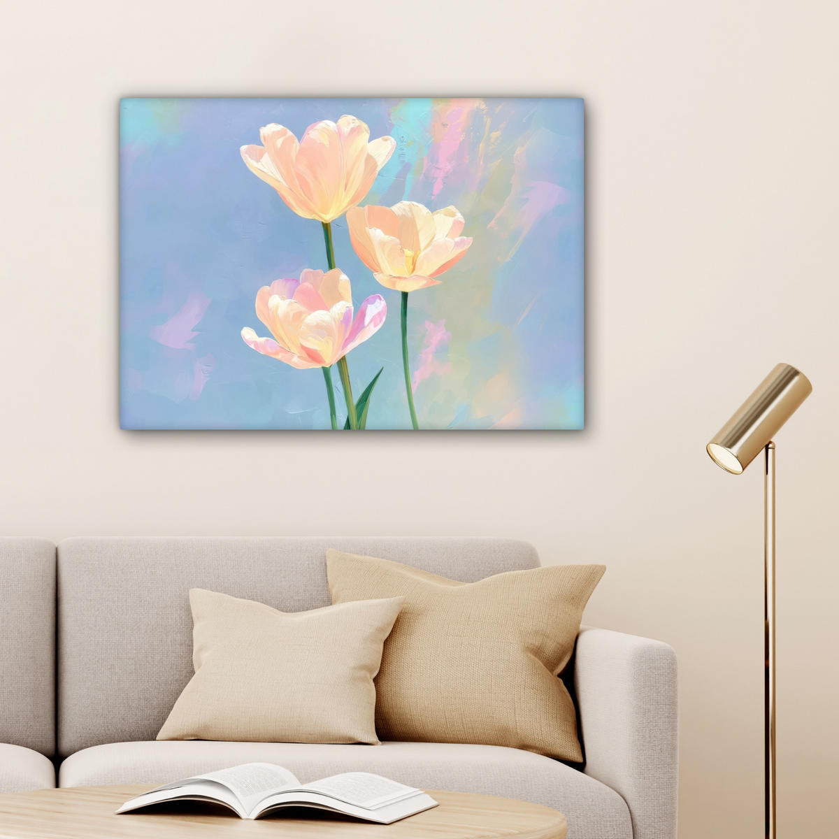 LEINWANDBILD Tulpen - Rosa Akzente - Blau Wandbilder 80x60 cm - Pastellblau, Textil (80/60cm) - MuchoWow