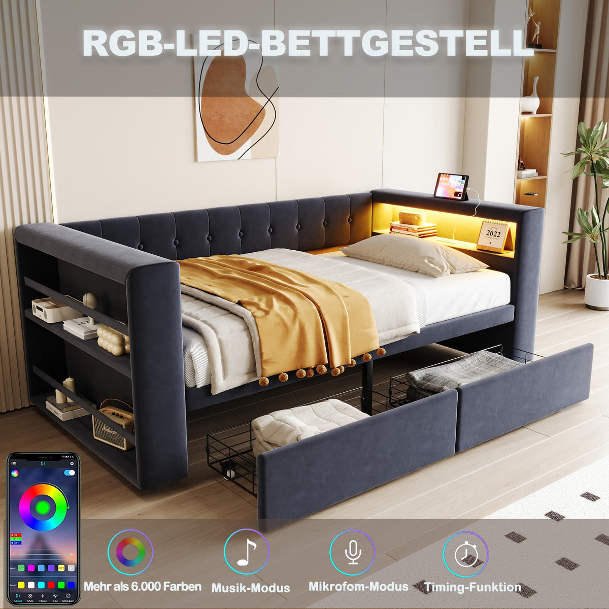 POLSTERBETT 90x190 cm LED Schubladen grau - Dunkelgrau, Textil (90/190cm) - LEBENLANG