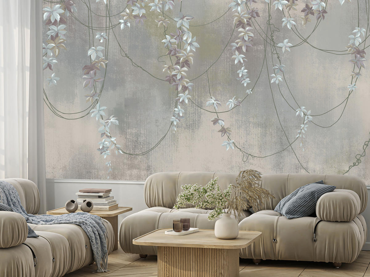 FOTOTAPETE für Wohnzimmer Abstrakte Blüten Lianen Beton Wand 450x315 - Grau, Papier (450/315cm) - Muralo