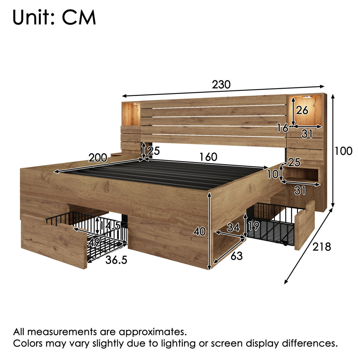 BETT 160/200 cm mit USB, LED und Stauraum inkl. Matratze in Eiche - Eichefarben, Holzwerkstoff (160/200cm) - BEAOK