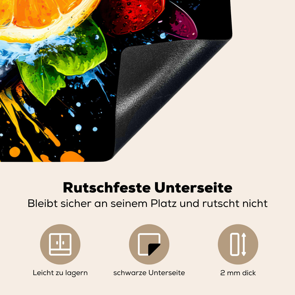 HERDABDECKPLATTE Obst - Graffiti - Bunt - Orange - Erdbeere - Abstrakt Induktionsschutz 91.6x52.7 cm - Orange, Kunststoff (91.6/52.7/0.2cm) - MuchoWow