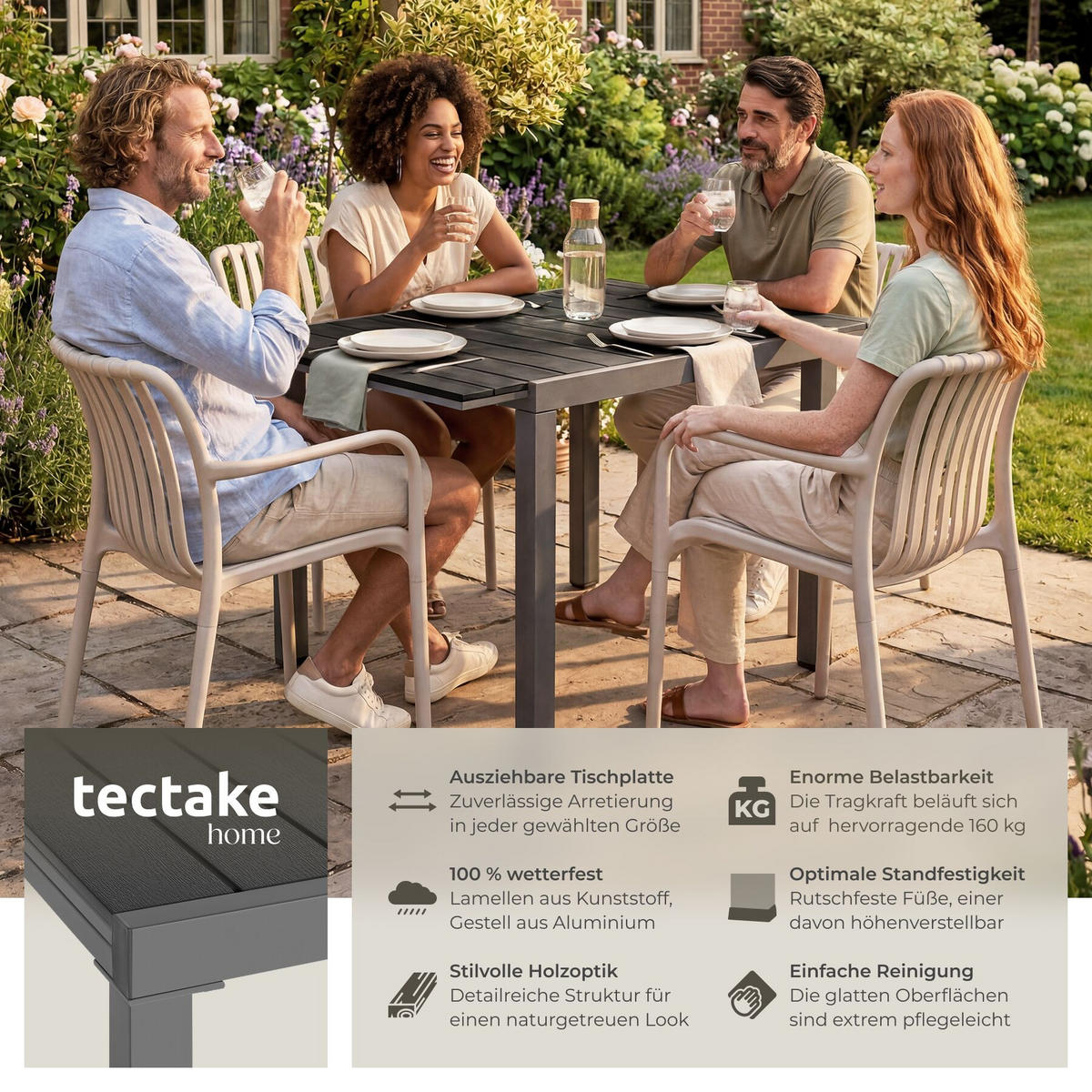 GARTENTISCH aus Aluminium Inca, 80–120 x 80 x 74 cm, schwarz - Schwarz, Kunststoff (120/80/74cm) - tectake