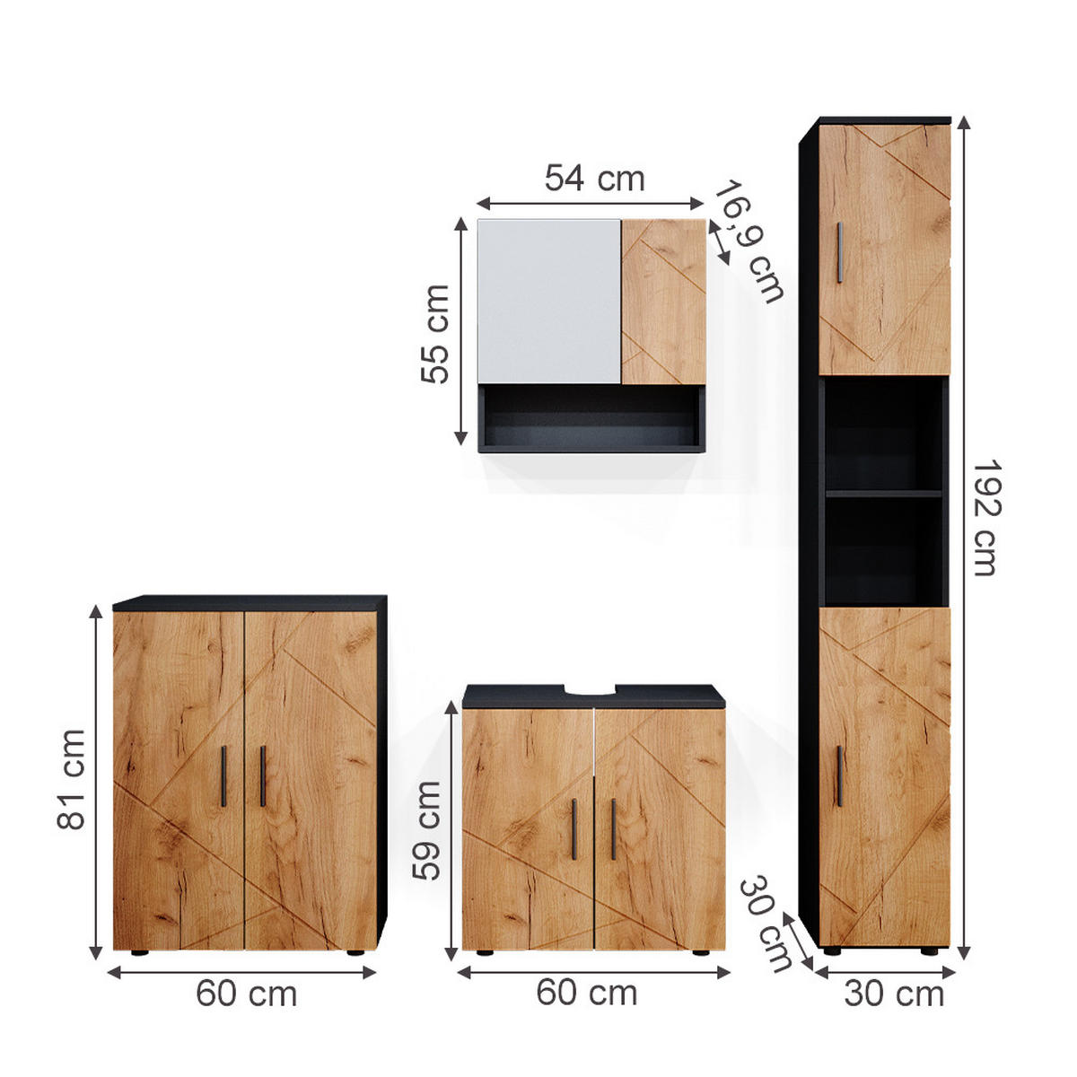 BADMÖBEL-SET Irma Goldkraft Eiche/Anthrazit 4 Teile mit Hochschrank und Kommode - Anthrazit/Eiche Wotan, Holzwerkstoff (80/58.6/41cm) - Vicco