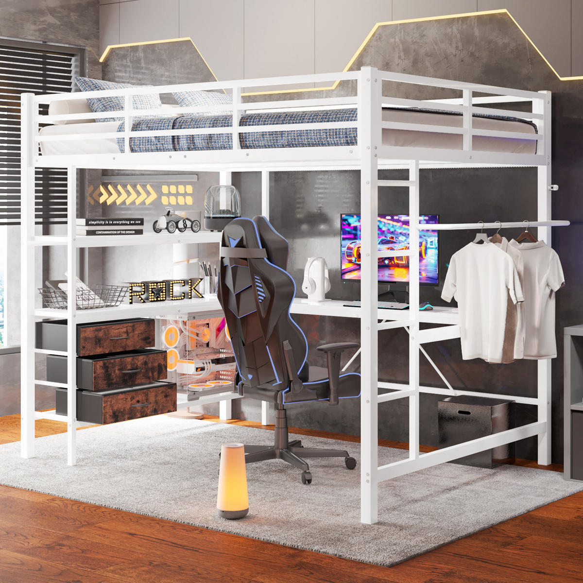 HOCHBETT 140/200 cm Weiß mit LED-Beleuchtung mit Schreibtisch mit Steckdose + USB mit 3 Schubladen - Weiß, Metall (140/200cm) - OKWISH