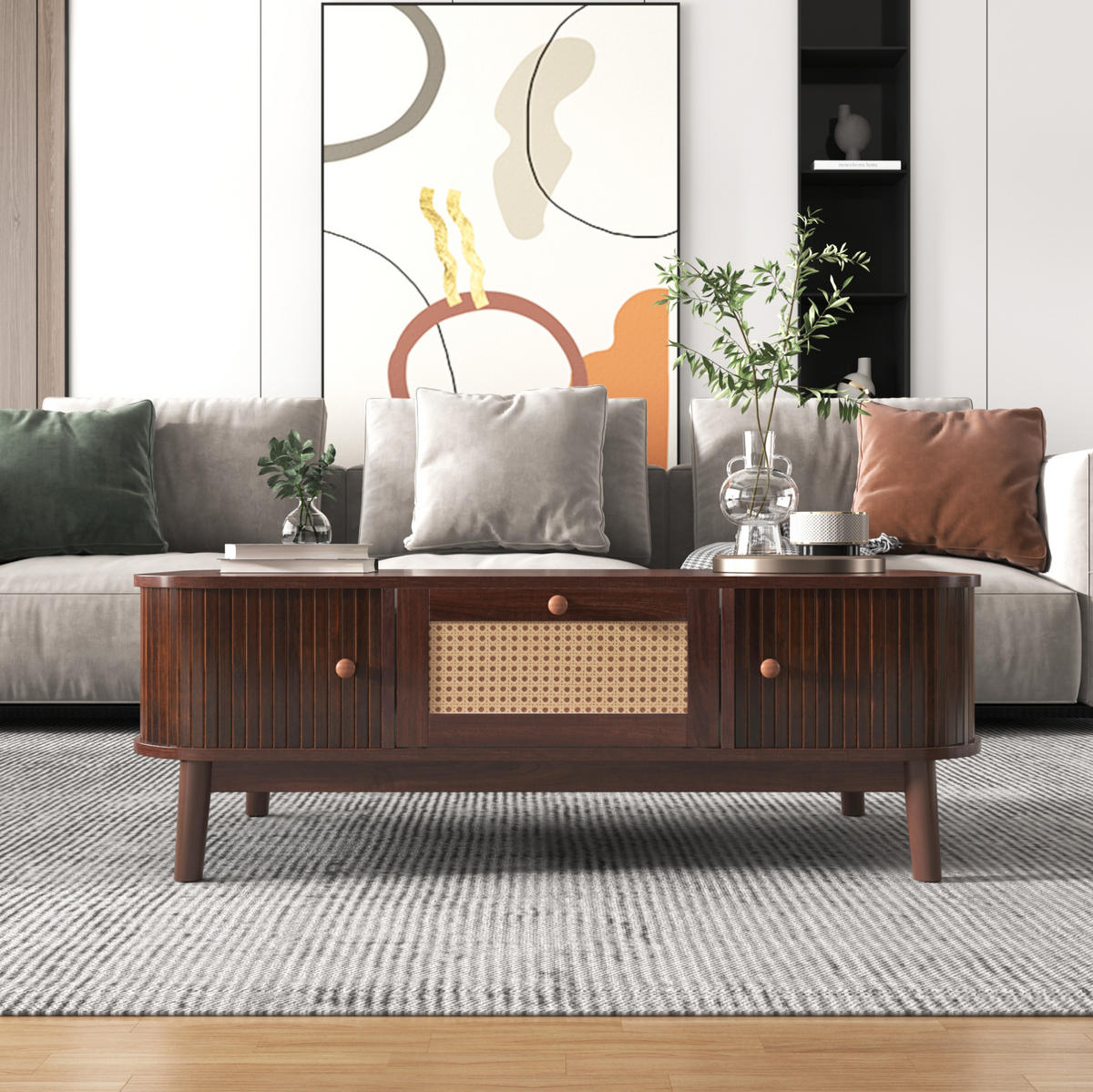 COUCHTISCH mit Schubladen und Schiebetüren 110 x 55 cm MDF Natural - Braun, Holz (110/55/38.5cm) - Meubliv