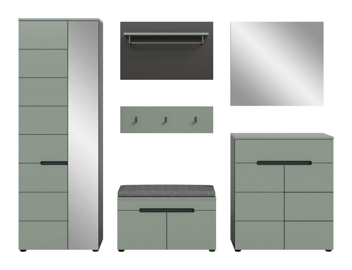 GARDEROBE inkl. Sitzkissen Nova 6-tlg. (B/H/T: ca. 255/190/37 cm) in Basalt grau/Smoke Green - Grau, Holzwerkstoff (255/190/37cm)