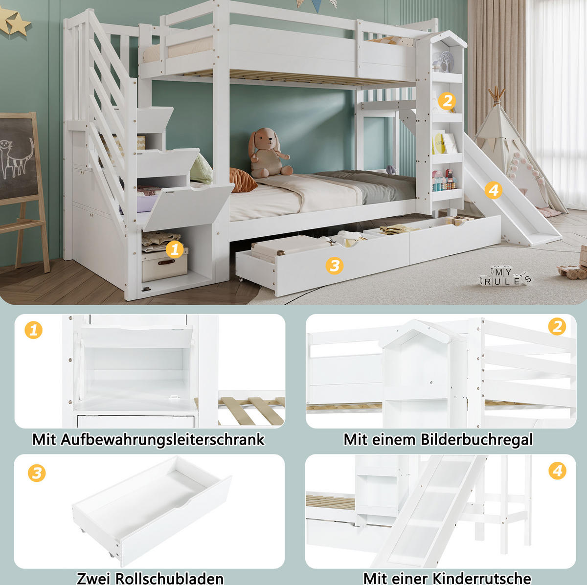 ETAGENBETT 90/200 cm Weiß mit Kinderrutsche ohne Matratze - Weiß, Holz (90/200cm) - MIVRAY