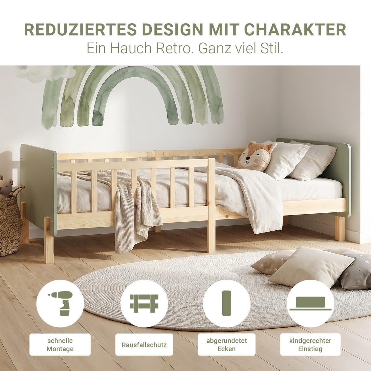 KINDERBETT Grün 90/200 cm Lattenrost Rausfallschutz - Grün, Holz (100/67/208cm) - Homestyle4u